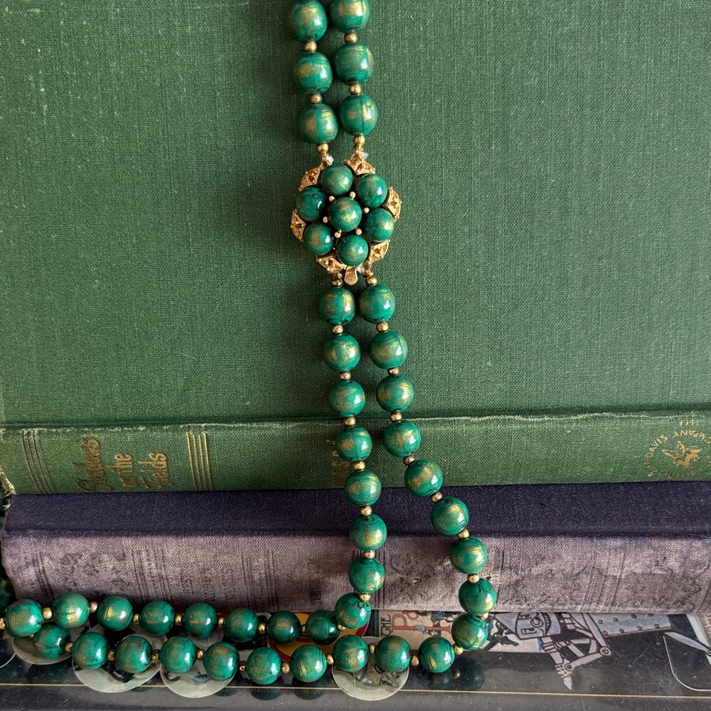 Vintage Green Beaded Necklace with Gold Accents
